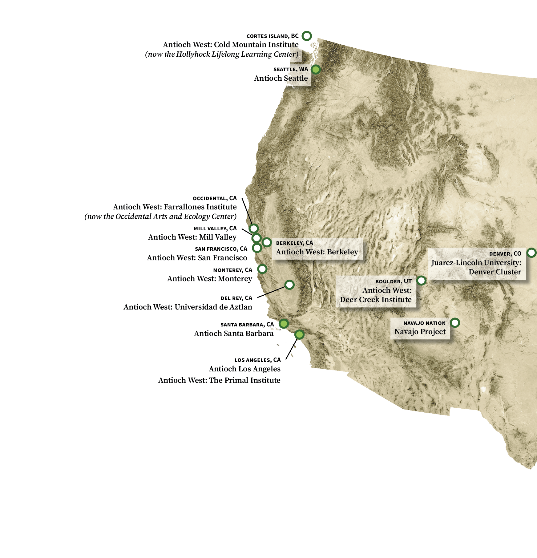 A map showing current and closed Antioch campus locations in the western United States.